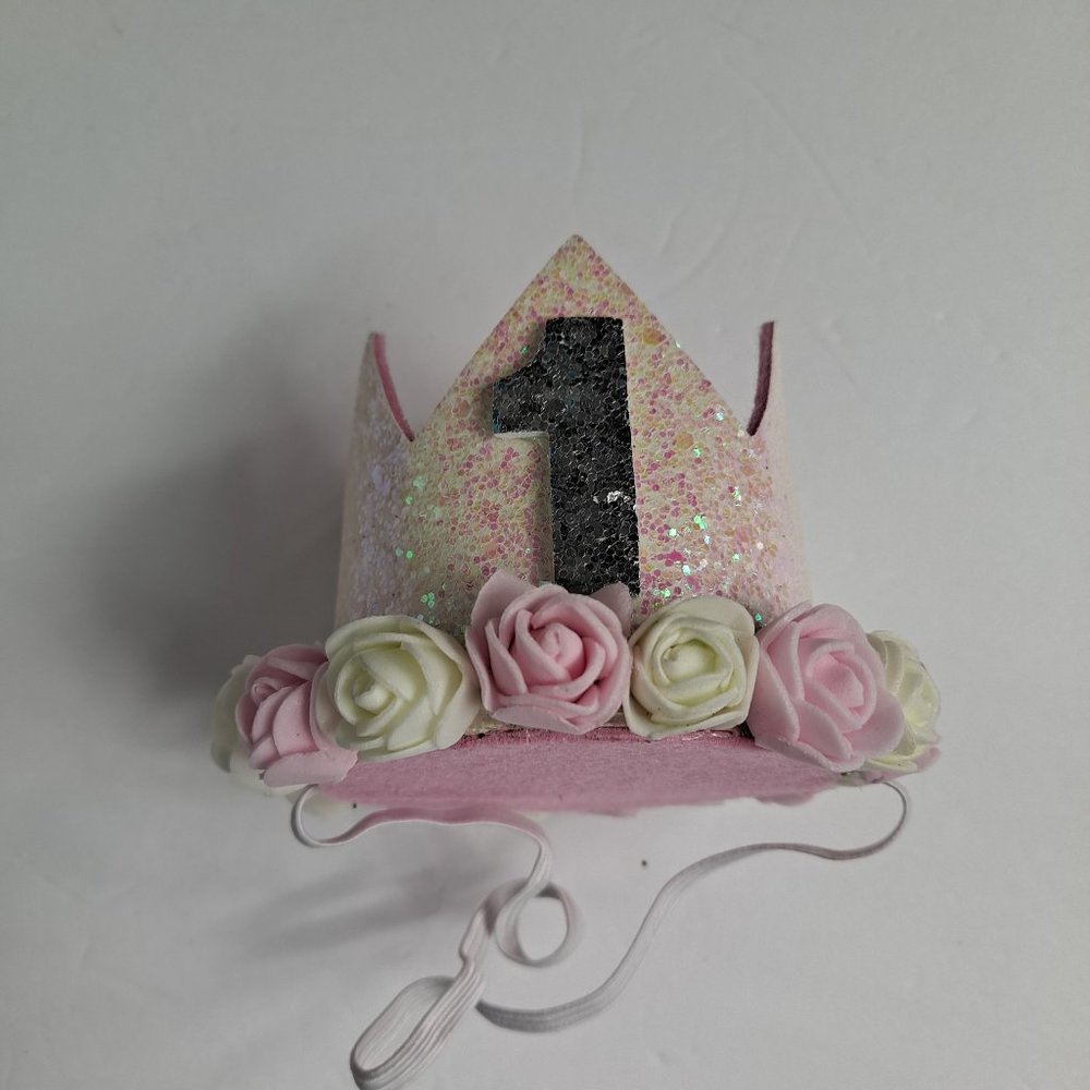First Birthday Girl Crown Hats Party Celebration White pink Glitter
